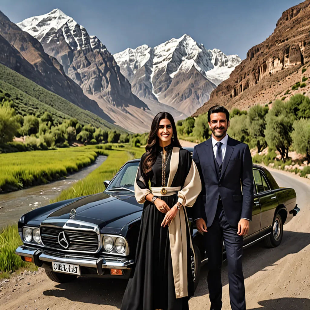 a man and a woman standing next to a car in the mountains with a river running through it and a mountain range in the background, qajar art, a poster, Amir Zand, promotional image