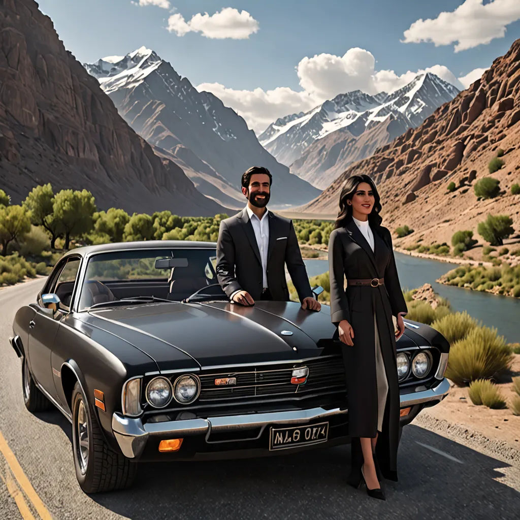 a man and woman standing next to a car on a road in the mountains with a mountain range in the background, qajar art, a stock photo, Amir Zand, promotional image