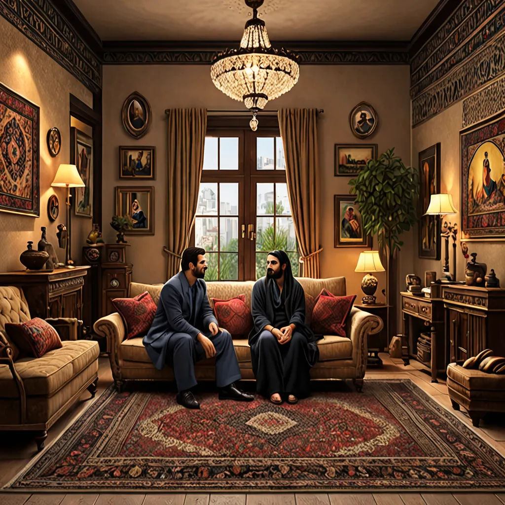 two men sitting on a couch in a living room with a rug on the floor and a chandelier hanging from the ceiling, qajar art, a colorized photo, Altoon Sultan, promotional image
