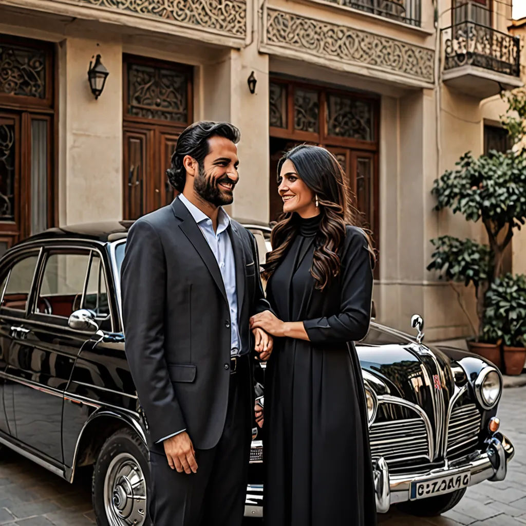 a man and woman standing next to a car in front of a building with a balcony and a balcony, qajar art, egyptian art, Abdullah Gërguri, promotional image