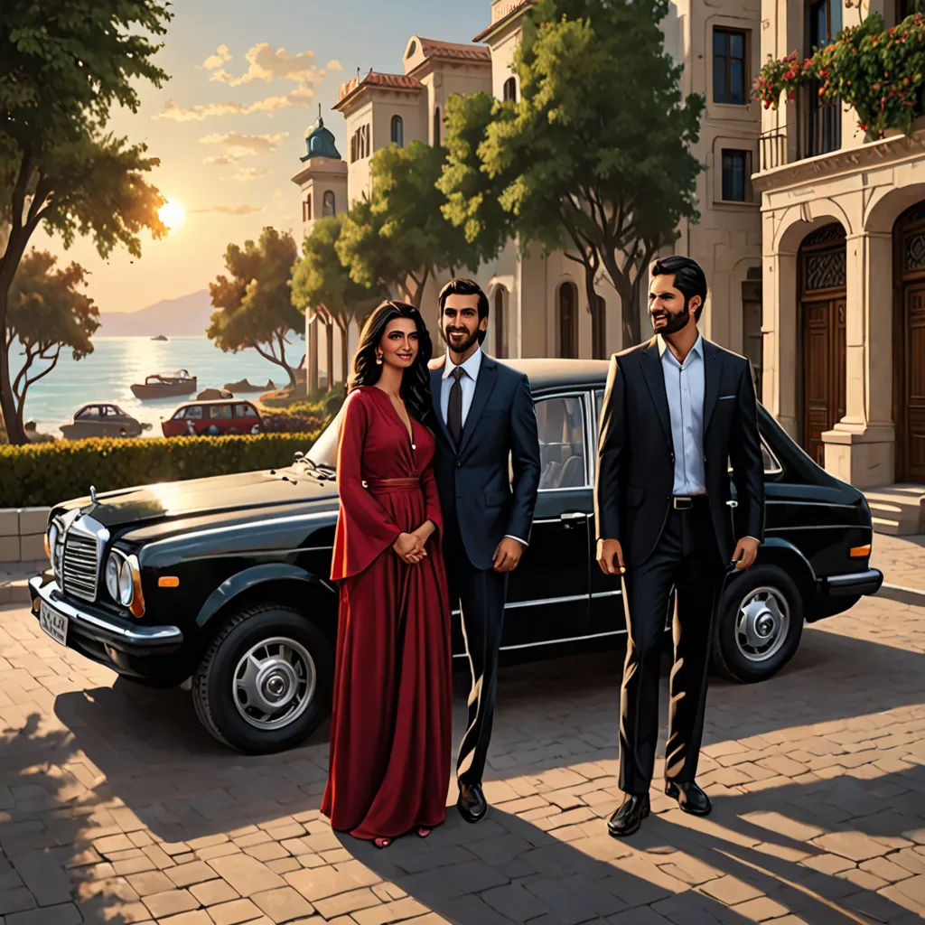 a painting of a couple standing next to a car in front of a building with a sunset in the background, american scene painting, a digital rendering, F. Scott Hess, promotional image