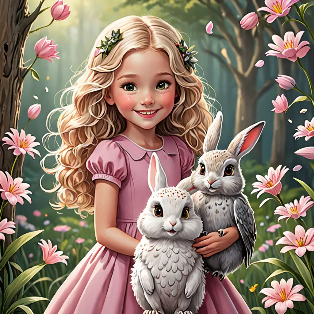 a girl in a pink dress holding two rabbits in a forest with pink flowers and pink flowers on the ground, fantasy art, a storybook illustration, Alice Prin, highly detailed digital painting