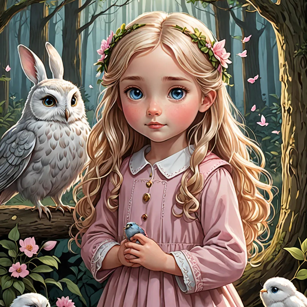 a painting of a little girl with an owl and birds in the background, and a forest scene with a girl in pink dress, fantasy art, a storybook illustration, Anna Dittmann, highly detailed digital painting
