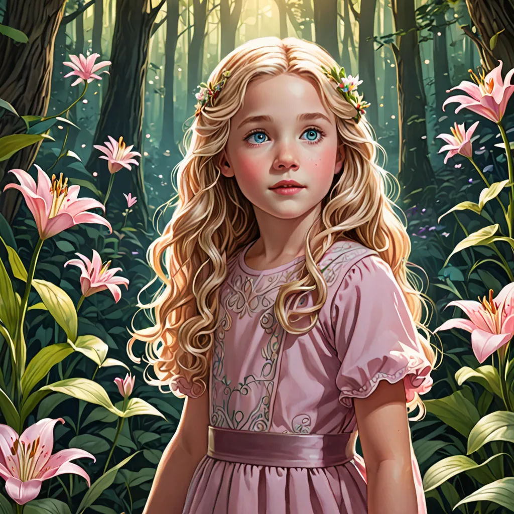 a painting of a little girl in a pink dress in a forest with flowers and a bird on her head, fantasy art, a detailed painting, Brad Kunkle, highly detailed digital painting