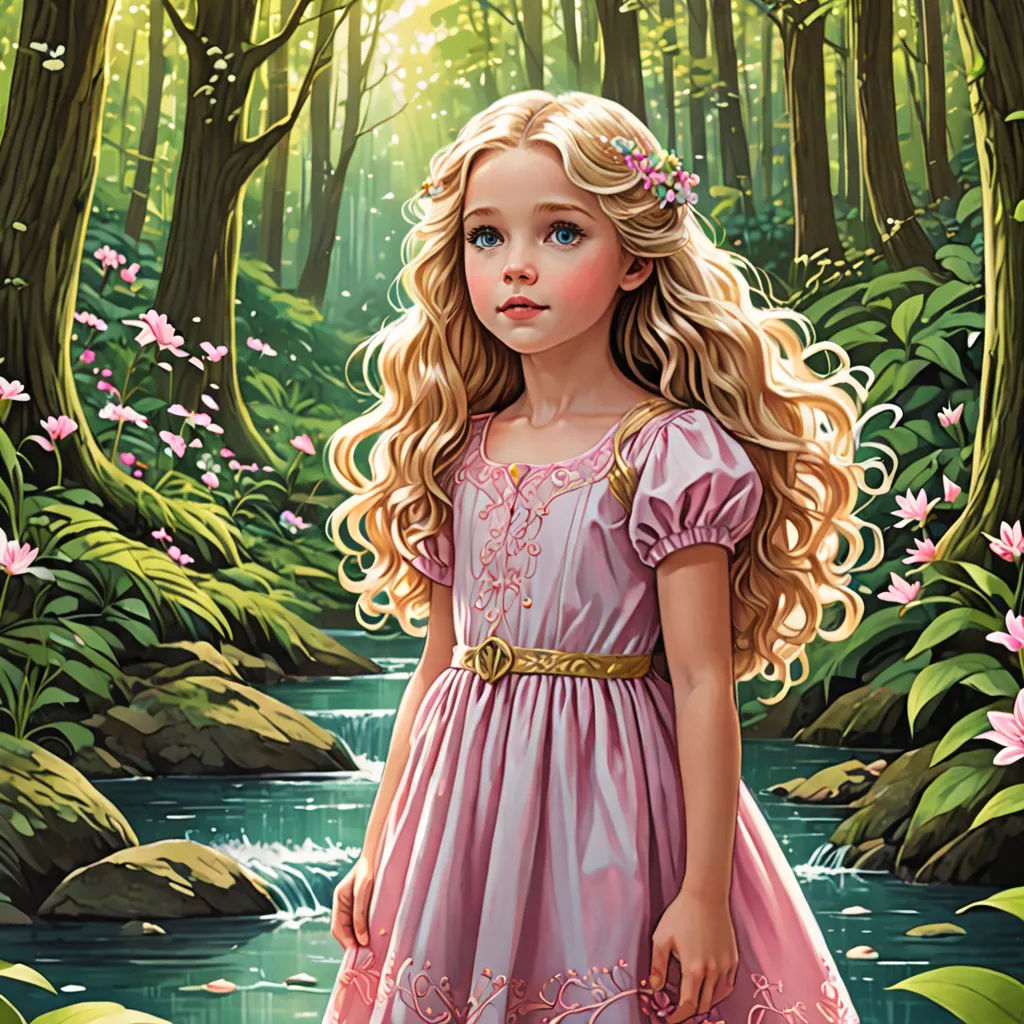 a painting of a little girl in a pink dress standing in a forest with flowers and a stream of water, fantasy art, a storybook illustration, Alice Prin, storybook illustration