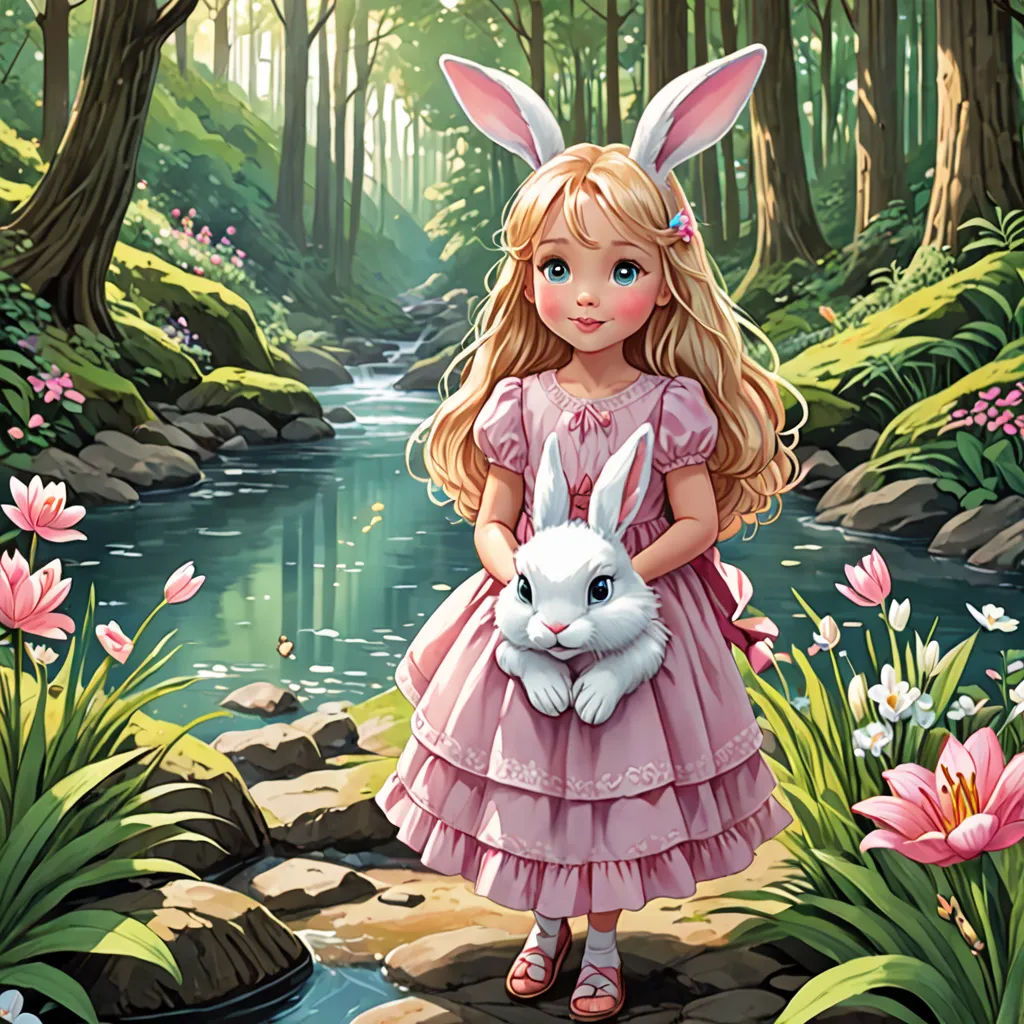 a little girl in a pink dress holding a white bunny in a forest with flowers and a stream of water, fantasy art, a storybook illustration, Alice Prin, storybook illustration