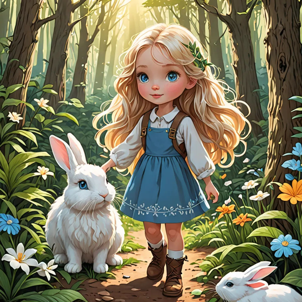 a little girl standing next to a white rabbit in a forest with flowers and trees behind her, with a forest scene behind her, fantasy art, a storybook illustration, Alice Prin, rossdraws global illumination
