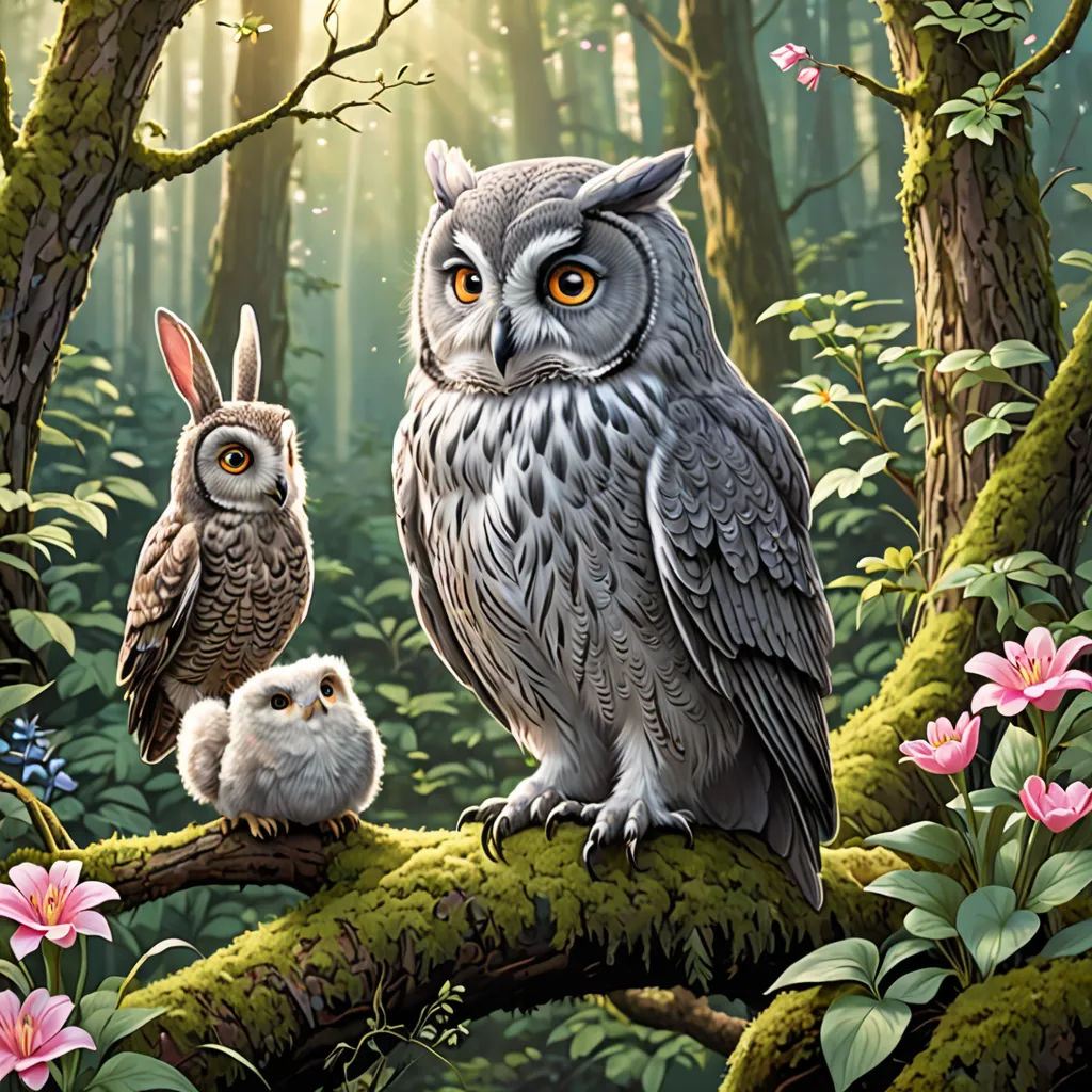 a painting of two owls sitting on a branch in a forest with flowers and trees in the background, with a bunny rabbit in the foreground, fantasy art, a storybook illustration, Chris LaBrooy, highly detailed digital painting