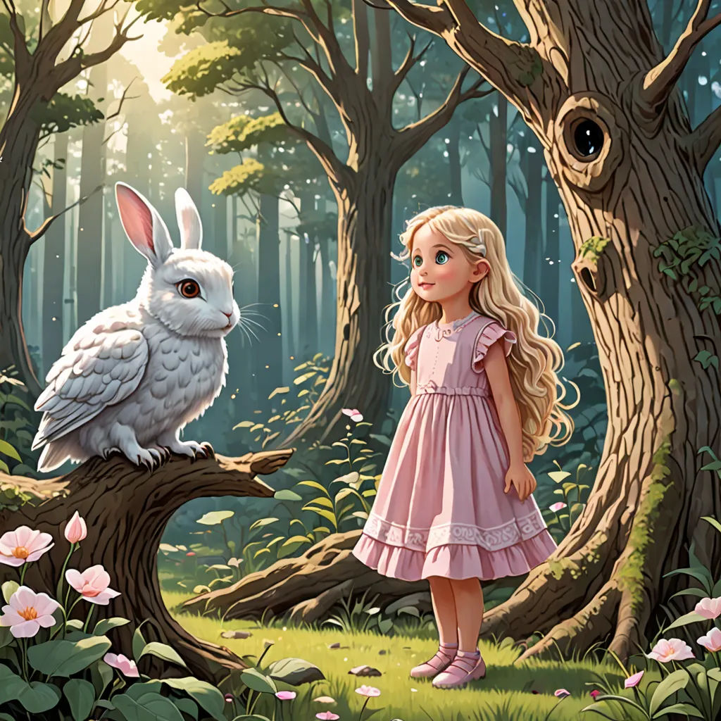 a little girl standing next to a white rabbit in a forest with flowers and trees in the background,, magical realism, a storybook illustration, Alice Prin, storybook illustration