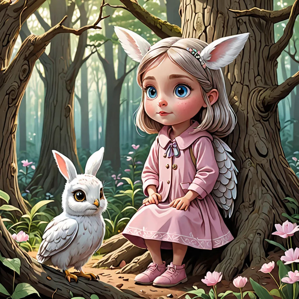 a little girl sitting on a tree stump next to an owl in a forest with flowers and trees around her, fantasy art, a storybook illustration, Cliff Childs, storybook illustration
