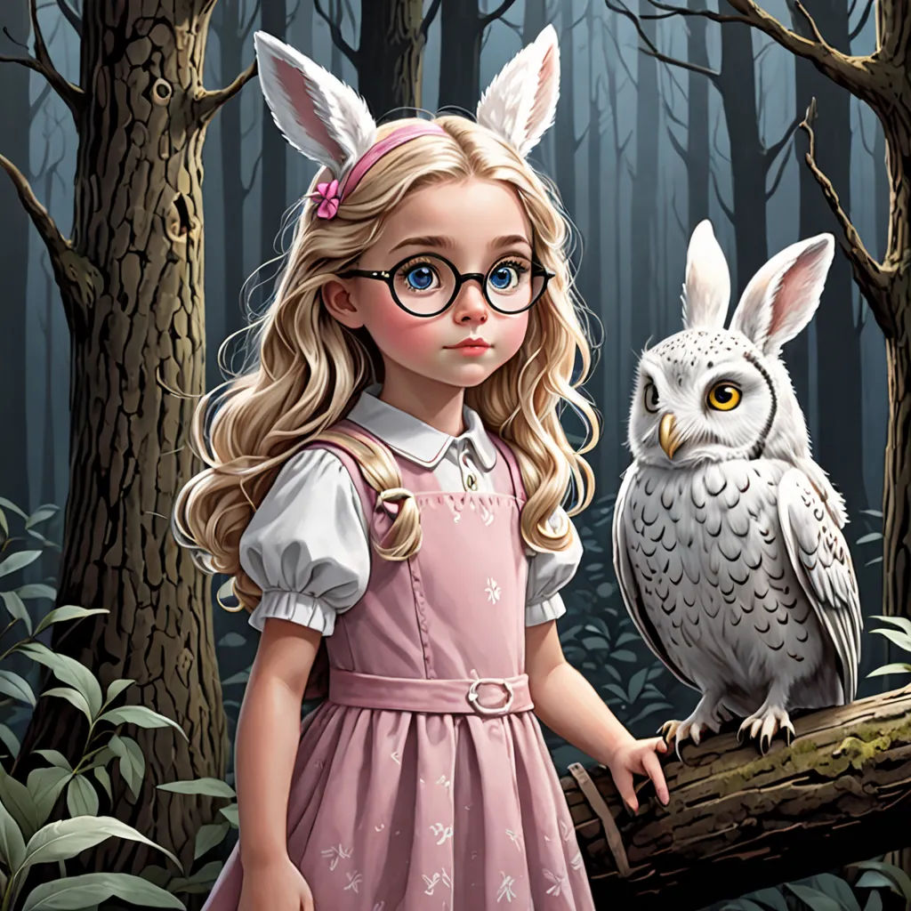 a girl in a pink dress and glasses standing next to an owl on a branch in a forest with trees, pop surrealism, a storybook illustration, Brad Kunkle, highly detailed digital painting