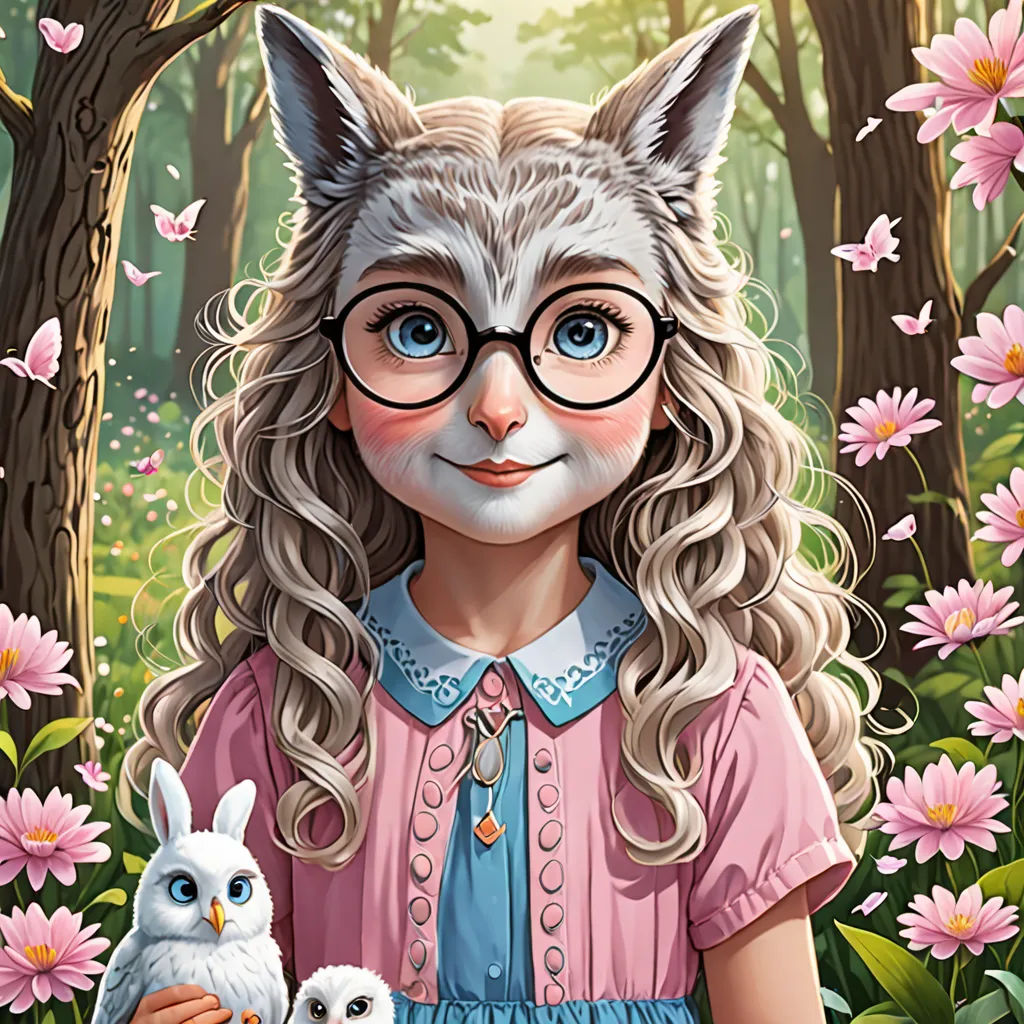 a painting of a girl holding an owl and a baby owl in a forest with pink flowers and butterflies, furry art, a storybook illustration, Clarice Beckett, highly detailed digital painting