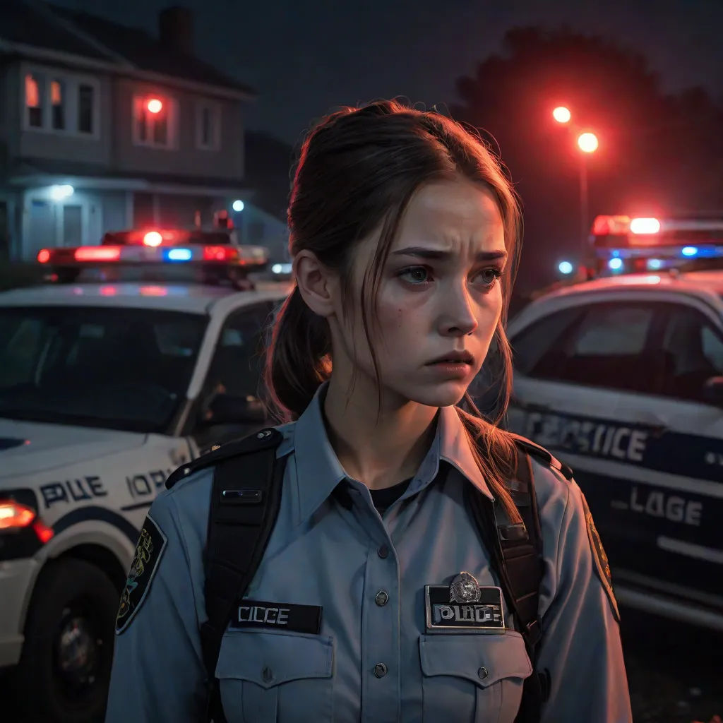 a woman police officer standing in front of a police car at night with a police car in the background, photorealism, poster art, David Budd, vfx