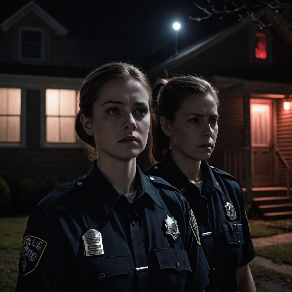 two police officers standing in front of a house at night with a red light on the roof and a house behind them, serial art, a detailed matte painting, Brigid Derham, promotional image