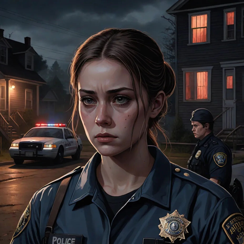 a woman in a police uniform standing in front of a police car at night with a police officer standing behind her, american realism, a detailed painting, Andrea Kowch, ultra realistic illustration