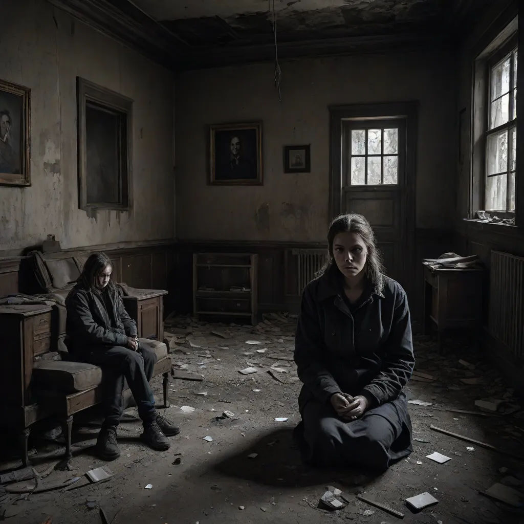 two people sitting in a room with broken furniture and a broken window in the background, with a woman sitting on the floor, international gothic, poster art, Dirk Crabeth, promotional image