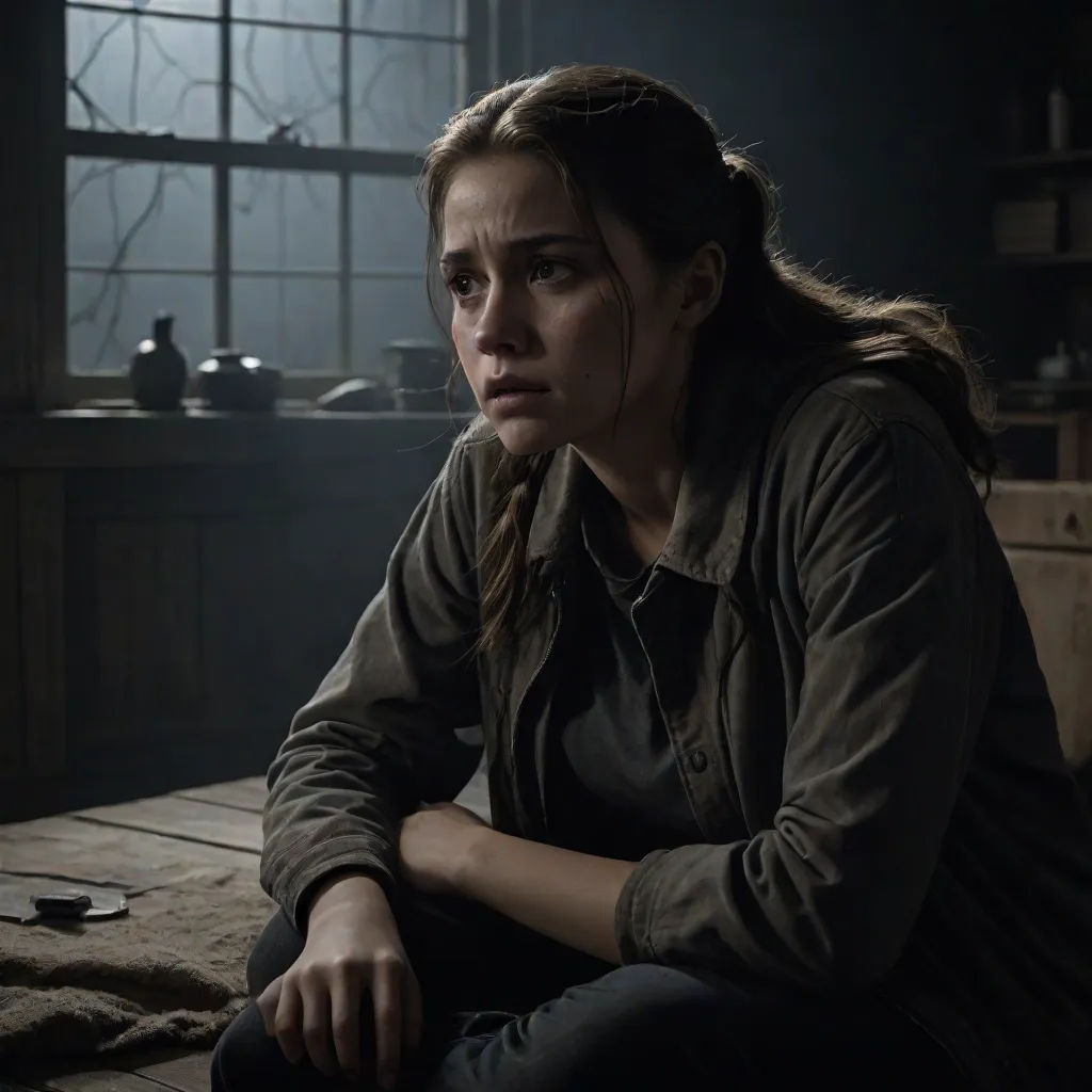 a woman sitting on a table in a dark room with a window behind her and a light coming through the window, antipodeans, a detailed matte painting, Elina Karimova, vfx