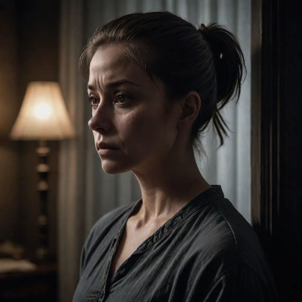 a woman standing in a dark room with a lamp on the side of the room and a lamp on the wall, context art, a character portrait, David Budd, promotional image