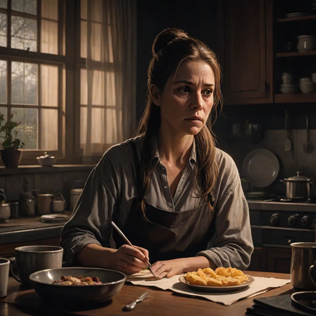 a woman sitting at a table with a plate of food in front of her and a fork in her hand, american scene painting, a detailed matte painting, Andrea Kowch, extremely detailed oil painting