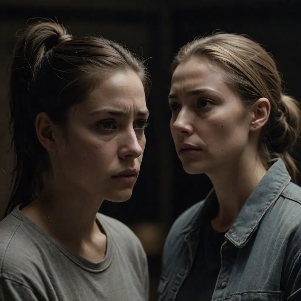 two women standing next to each other looking at something in the distance with a serious look on their face, antipodeans, a screenshot, Eden Box, promotional image