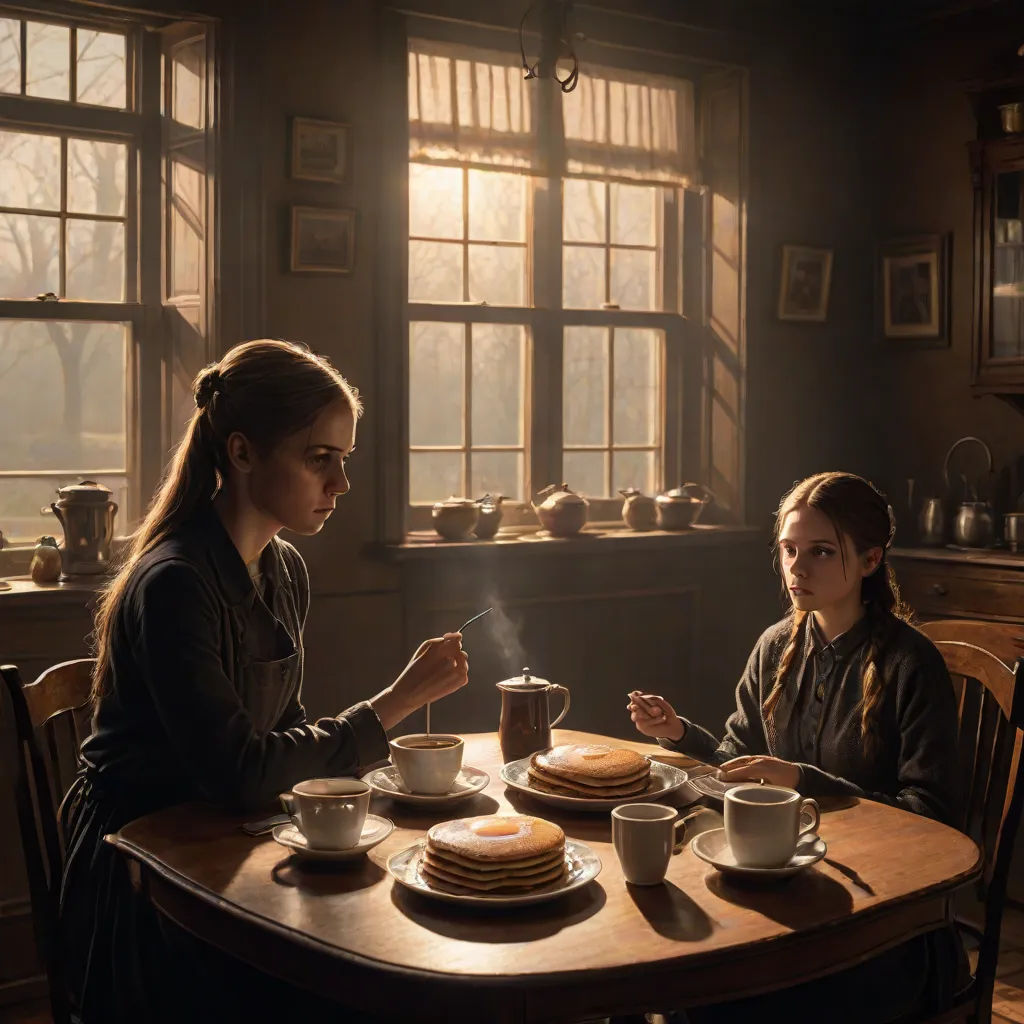 two women sitting at a table with plates of food and cups of coffee in front of them, and a window with light shining through, american scene painting, a detailed matte painting, Anne Said, cinematic photography