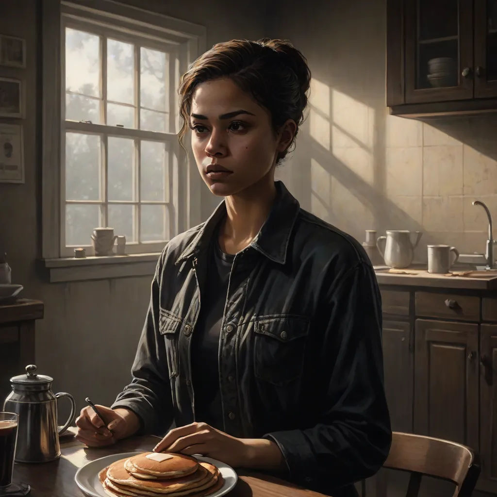 a woman sitting at a table with a plate of pancakes in front of her and a coffee pot on the table, american realism, a character portrait, David Palumbo, key art