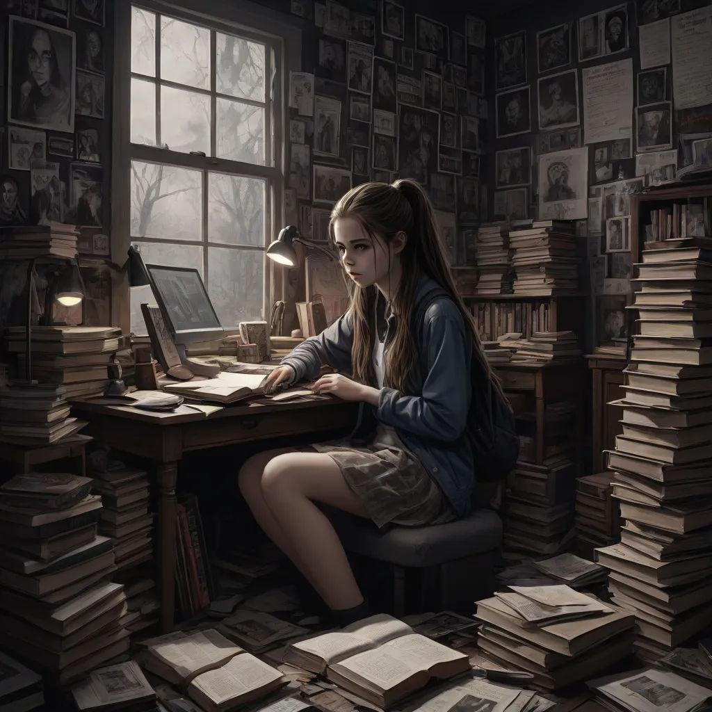 a girl sitting at a desk in a room full of books and papers, with a laptop on her lap, academic art, a hyperrealistic painting, Brad Kunkle, stanley artgerm lau