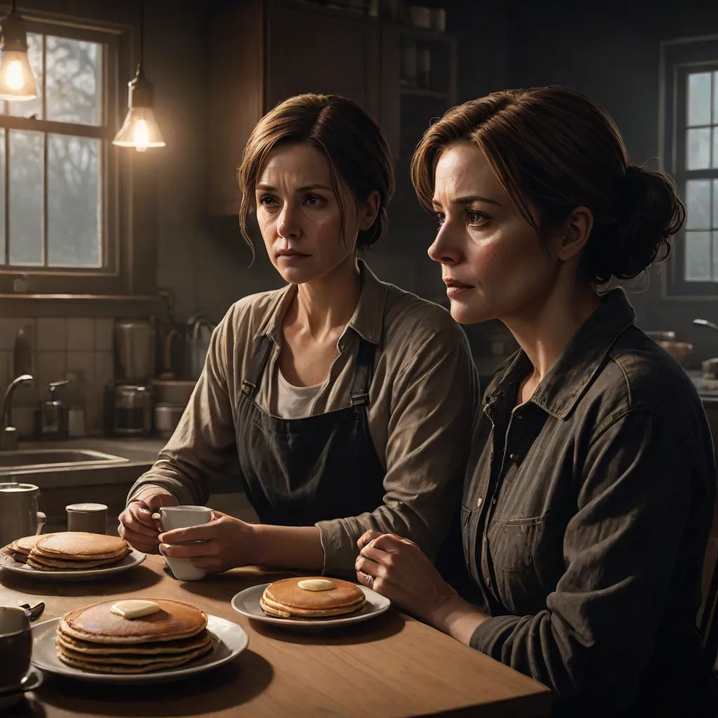 two women sitting at a table with plates of pancakes on it and a cup of coffee in front of them, american realism, concept art, Anthony S Waters, ultra realistic faces