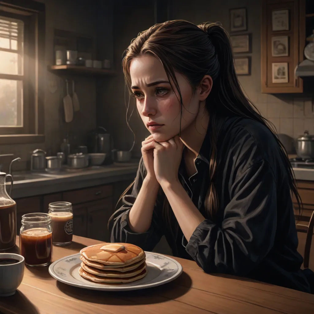 a woman sitting at a table with a plate of pancakes and a cup of coffee in front of her, american realism, a detailed painting, Andrea Kowch, ultra realistic digital art