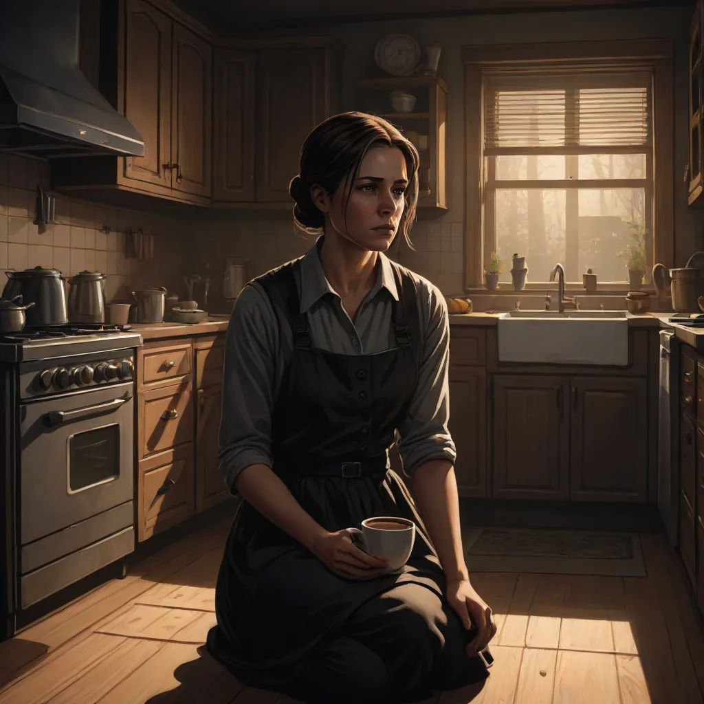 a woman sitting on the floor in a kitchen holding a cup of coffee in her hands and looking out the window, sots art, a detailed painting, Andrea Kowch, official art