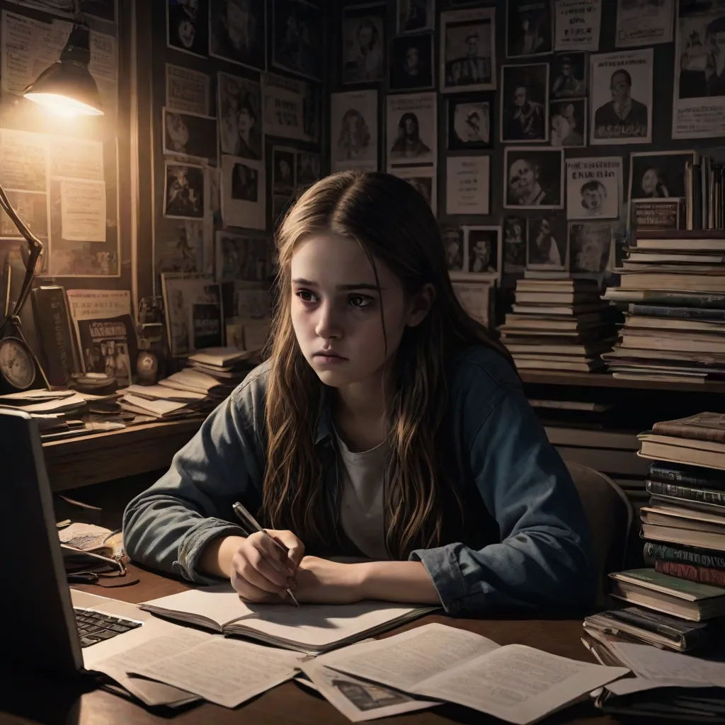 a girl sitting at a desk with a laptop and papers on it, in front of a wall of books, serial art, poster art, Elisabeth Collins, promotional image