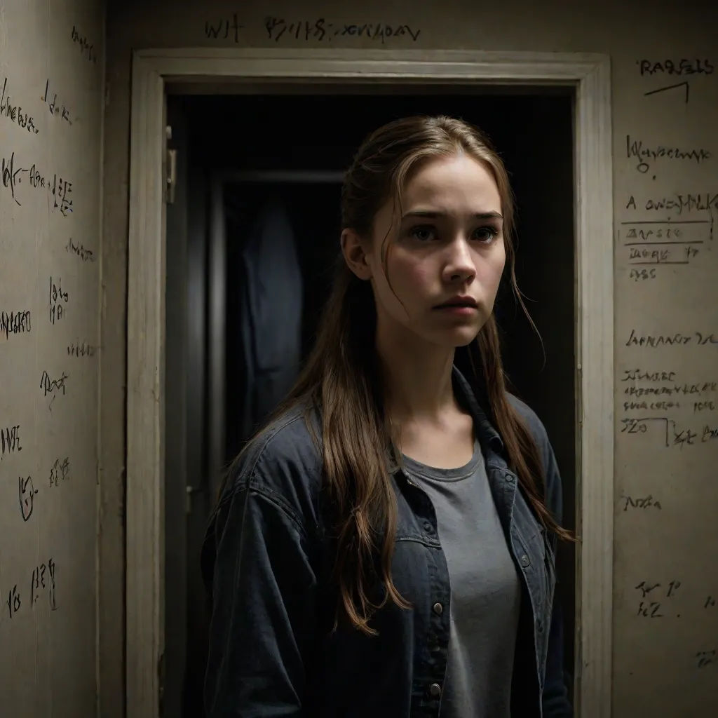 a woman standing in a doorway with writing on the wall behind her and a door open to another room, graffiti, poster art, Ejler Bille, vfx