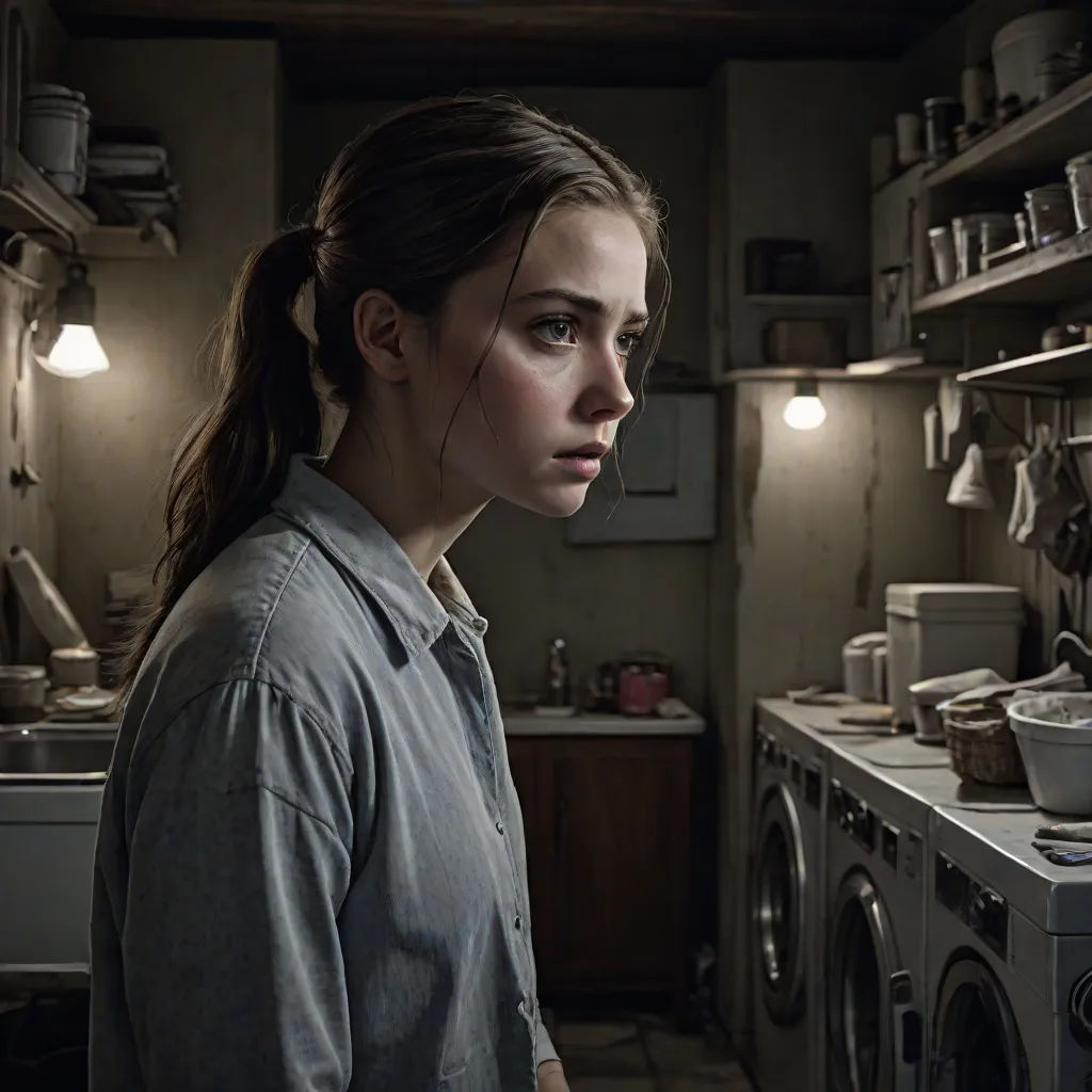 a woman standing in a kitchen next to a washing machine and a sink with a light on above her head, visual art, a character portrait, Ejler Bille, promotional image