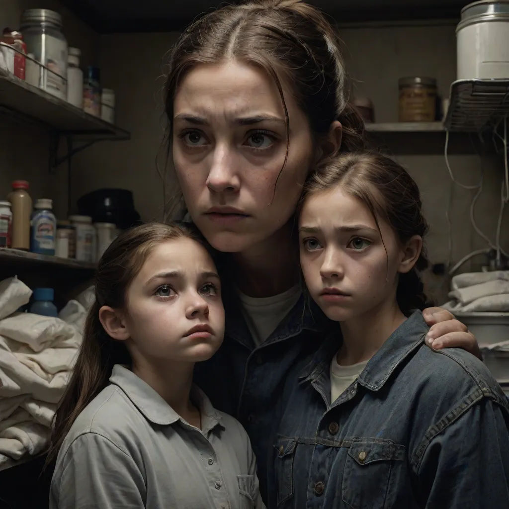 a woman and two girls standing in a kitchen with a shelf full of food and a lot of stuff, antipodeans, a poster, Eva Gonzalès, promotional image