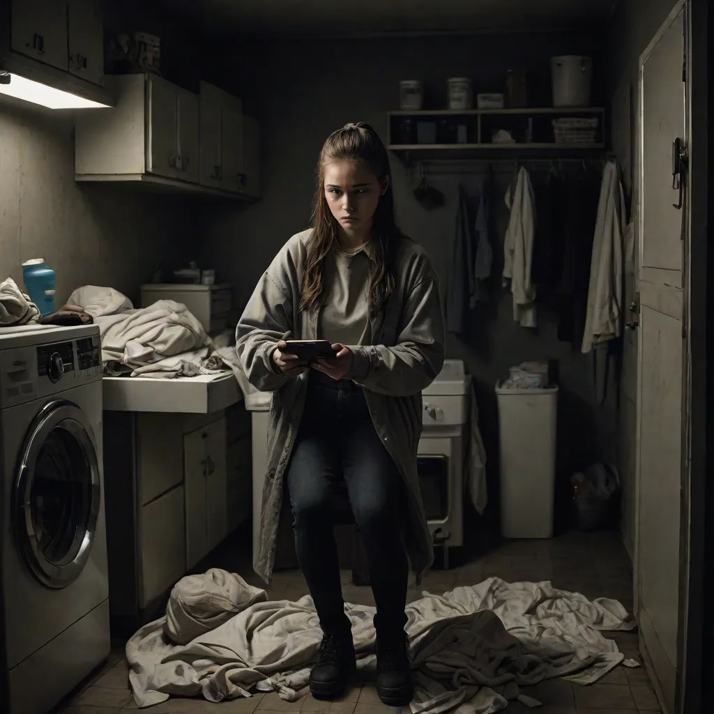 a woman sitting on a kitchen floor next to a washing machine and a dryer in a room with a lot of clothes, serial art, a hyperrealistic painting, casey baugh, promotional image
