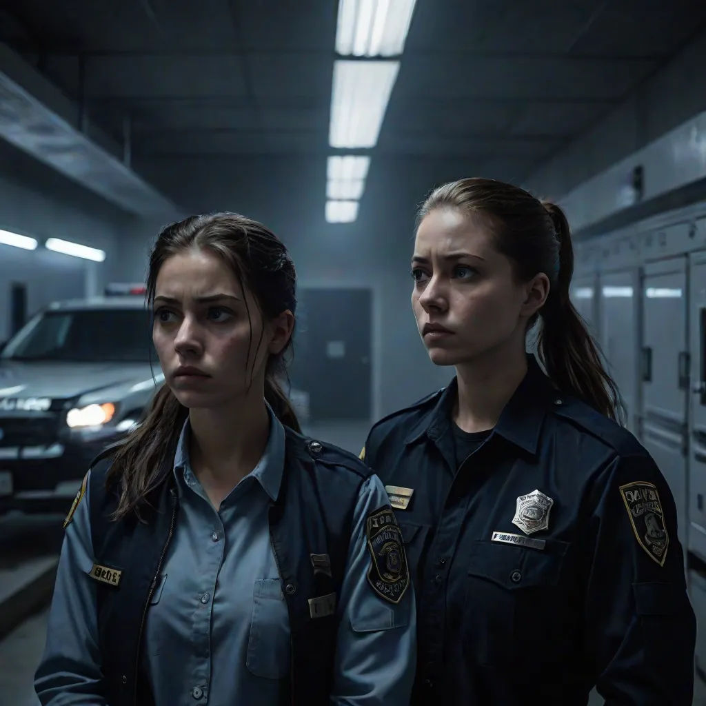 two women in uniform standing in a hallway next to a car and a van in the background, with a police officer standing behind them, antipodeans, a detailed matte painting, David Budd, vfx