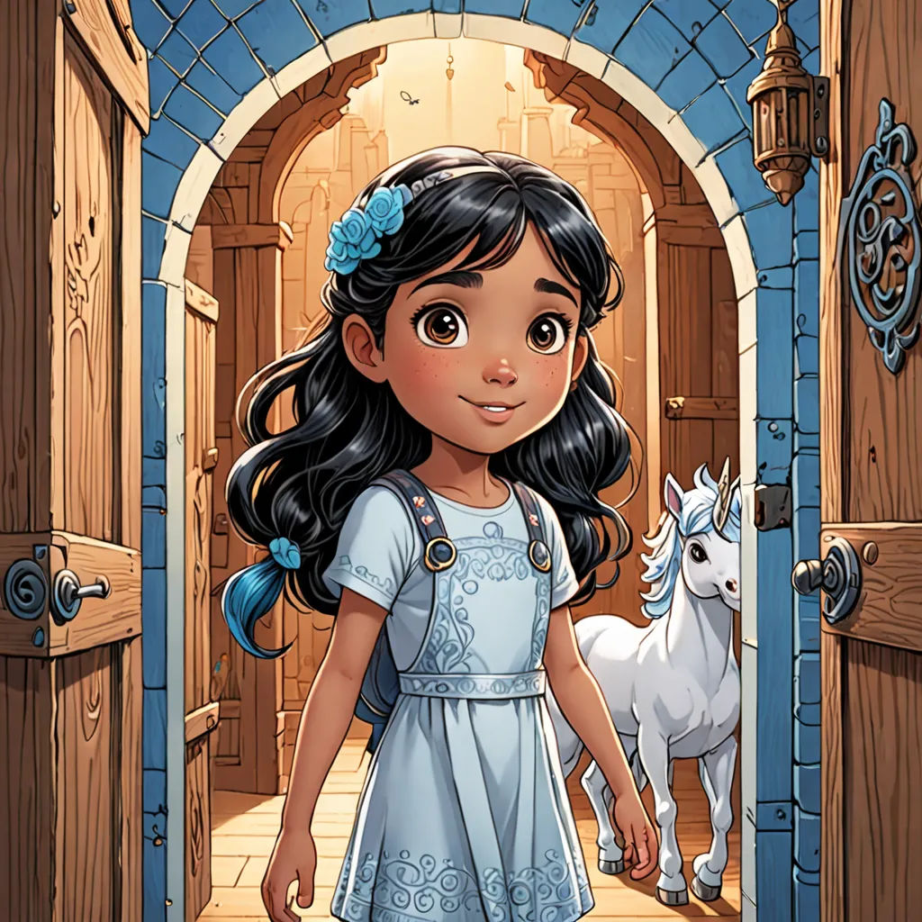 a cartoon girl is walking through a doorway with a horse in the background and a door leading to a building, fantasy art, a storybook illustration, Cliff Childs, kinkade
