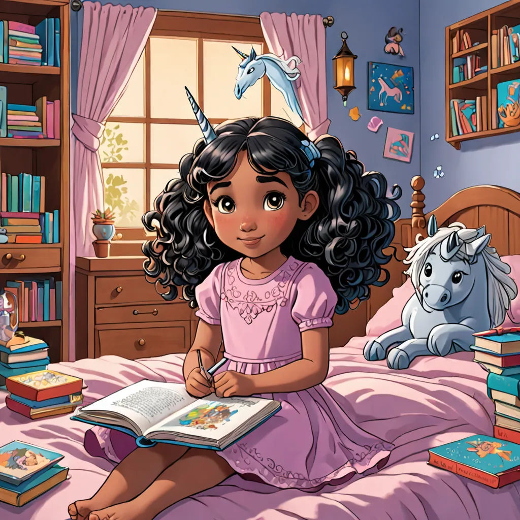a little girl sitting on a bed reading a book with a unicorn in the background and a unicorn on the bed, magical realism, a storybook illustration, Chris LaBrooy, storybook illustration