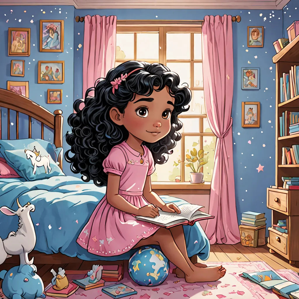 a cartoon girl sitting on a bed reading a book in a bedroom with a pink rug and pink curtains, magical realism, a storybook illustration, Chris LaBrooy, storybook illustration