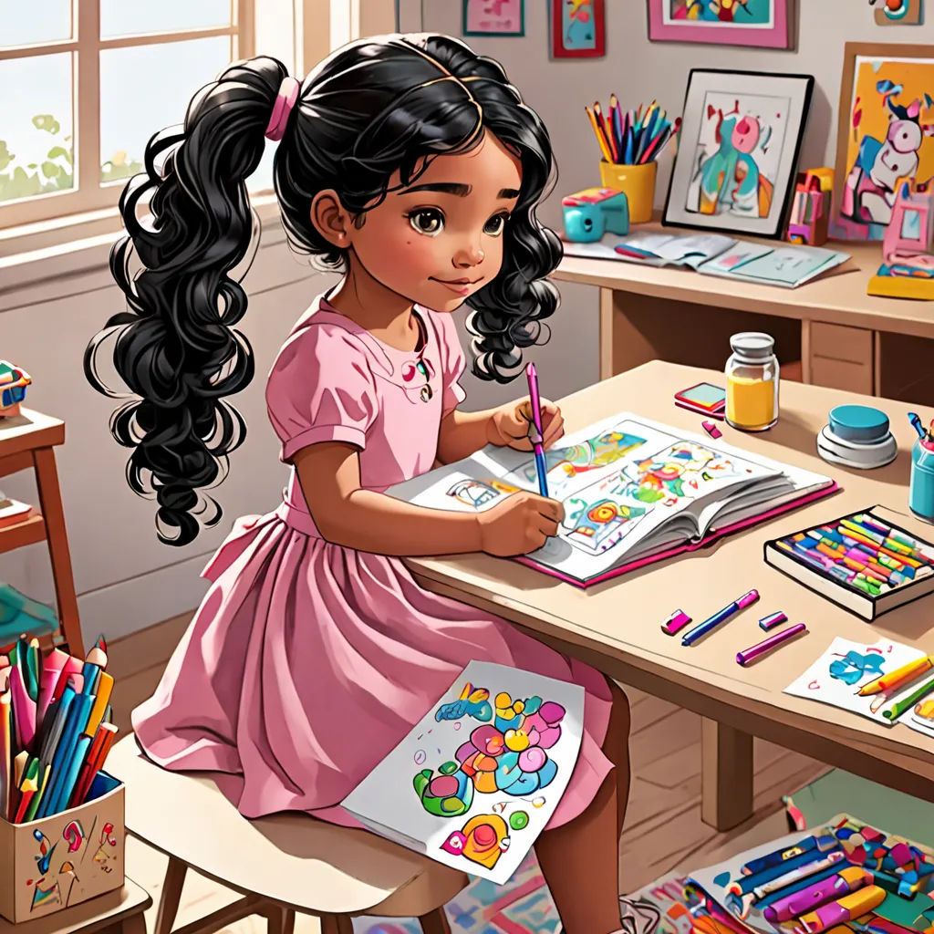 a little girl sitting at a desk with a book and pencils in her hand and a book with a picture of a girl on it, photorealism, a storybook illustration, artist, art station