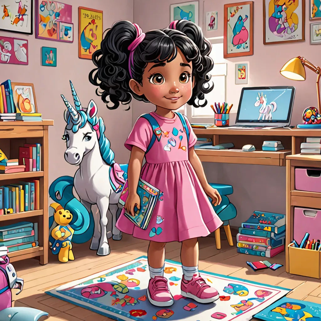 a cartoon girl in a pink dress standing in a room with a unicorn rug and a bookcase and a computer, photorealism, an ultrafine detailed painting, artist, art station