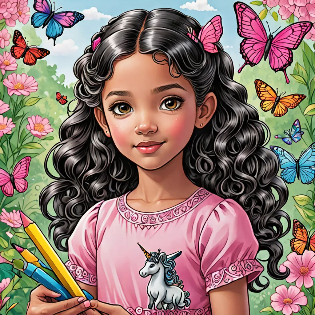 a girl holding a pencil and a unicorn on a field of flowers with butterflies around her and a butterfly on her shoulder, pop surrealism, an ultrafine detailed painting, Anne Stokes, highly detailed digital art