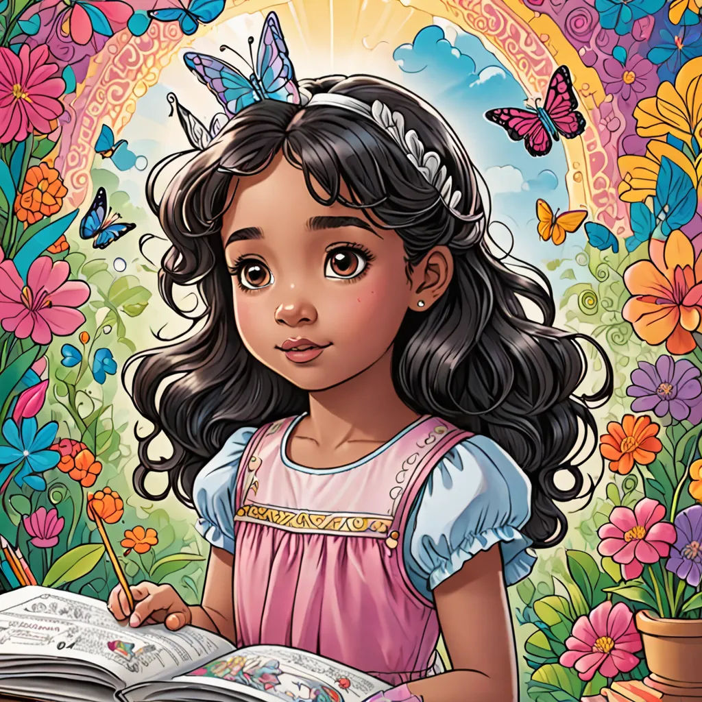 a girl is sitting in a field of flowers and holding a book and a butterfly on her head, with a rainbow in the background, fantasy art, a storybook illustration, artist, comic cover art