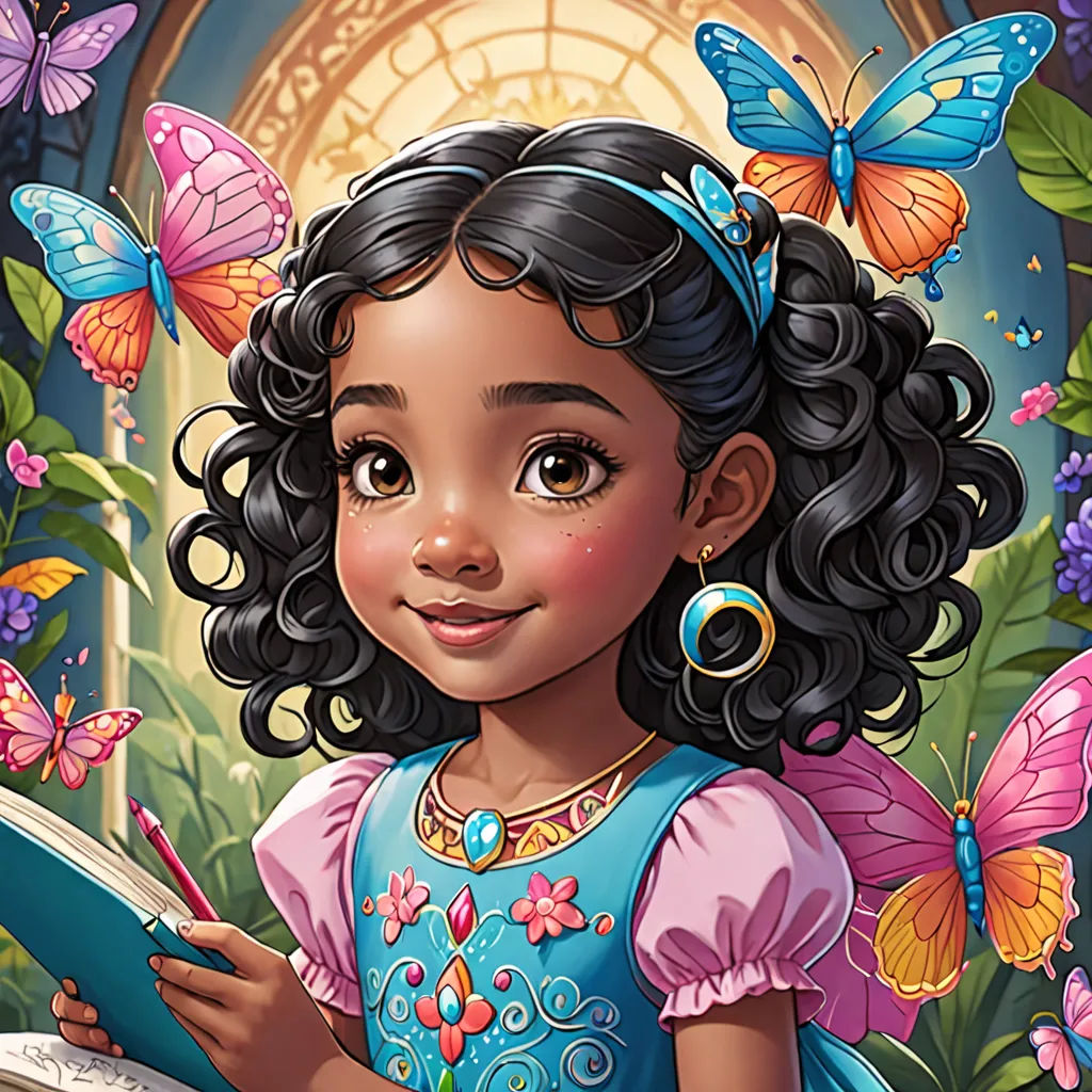 a young girl is reading a book with butterflies around her and a doorway in the background that has a doorway and a doorway, fantasy art, a storybook illustration, Constance Gordon-Cumming, high detail illustration