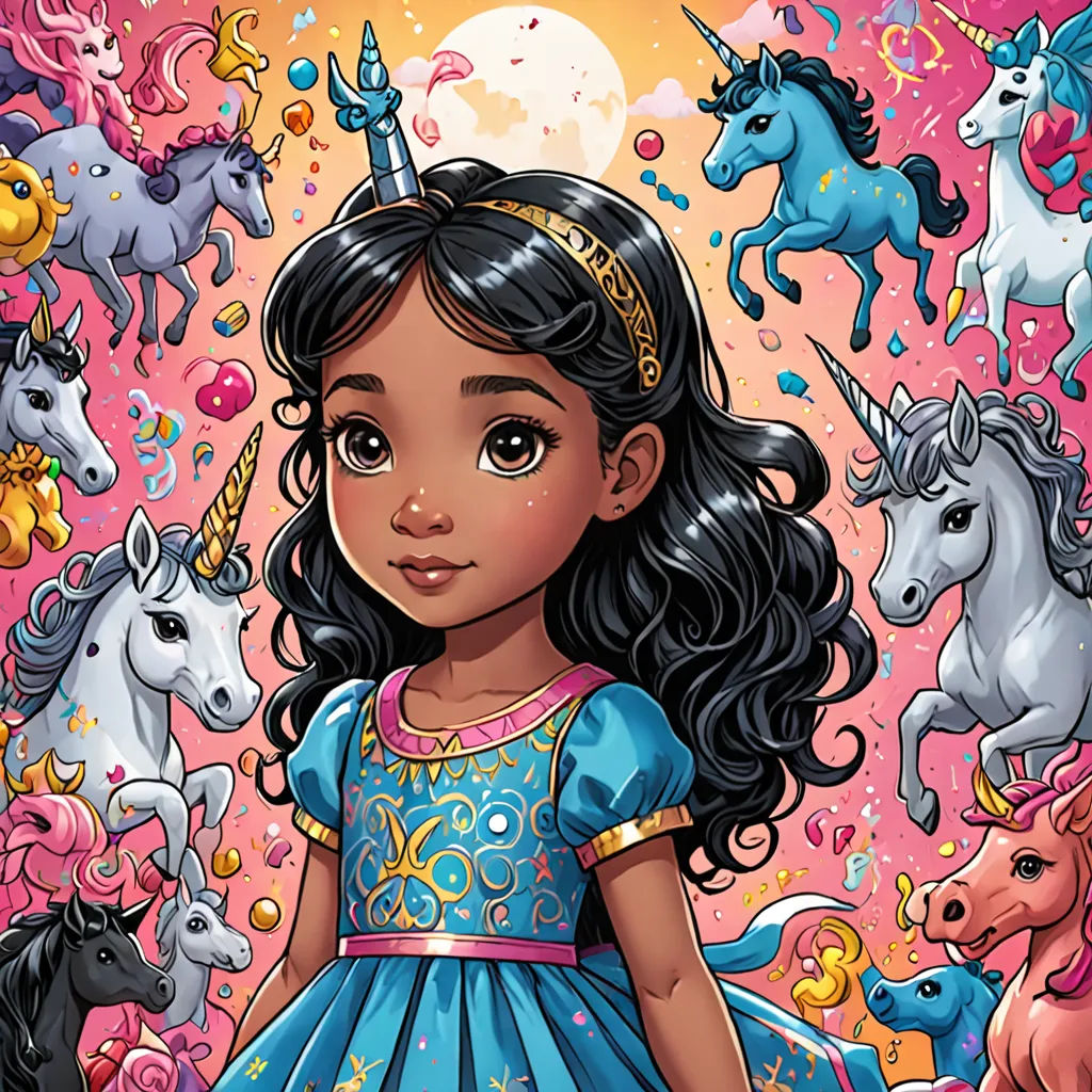 a little girl in a blue dress surrounded by unicorns and stars and a pink background with a sun, pop surrealism, a storybook illustration, Chris LaBrooy, comic cover art
