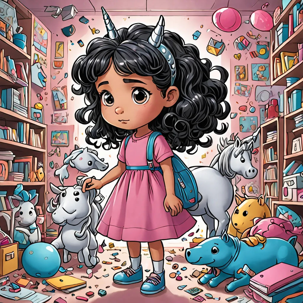 a cartoon girl standing in a library surrounded by toys and bookshelves and unicorns, with a pink dress and a blue backpack, fantasy art, a storybook illustration, Chris LaBrooy, comic cover art