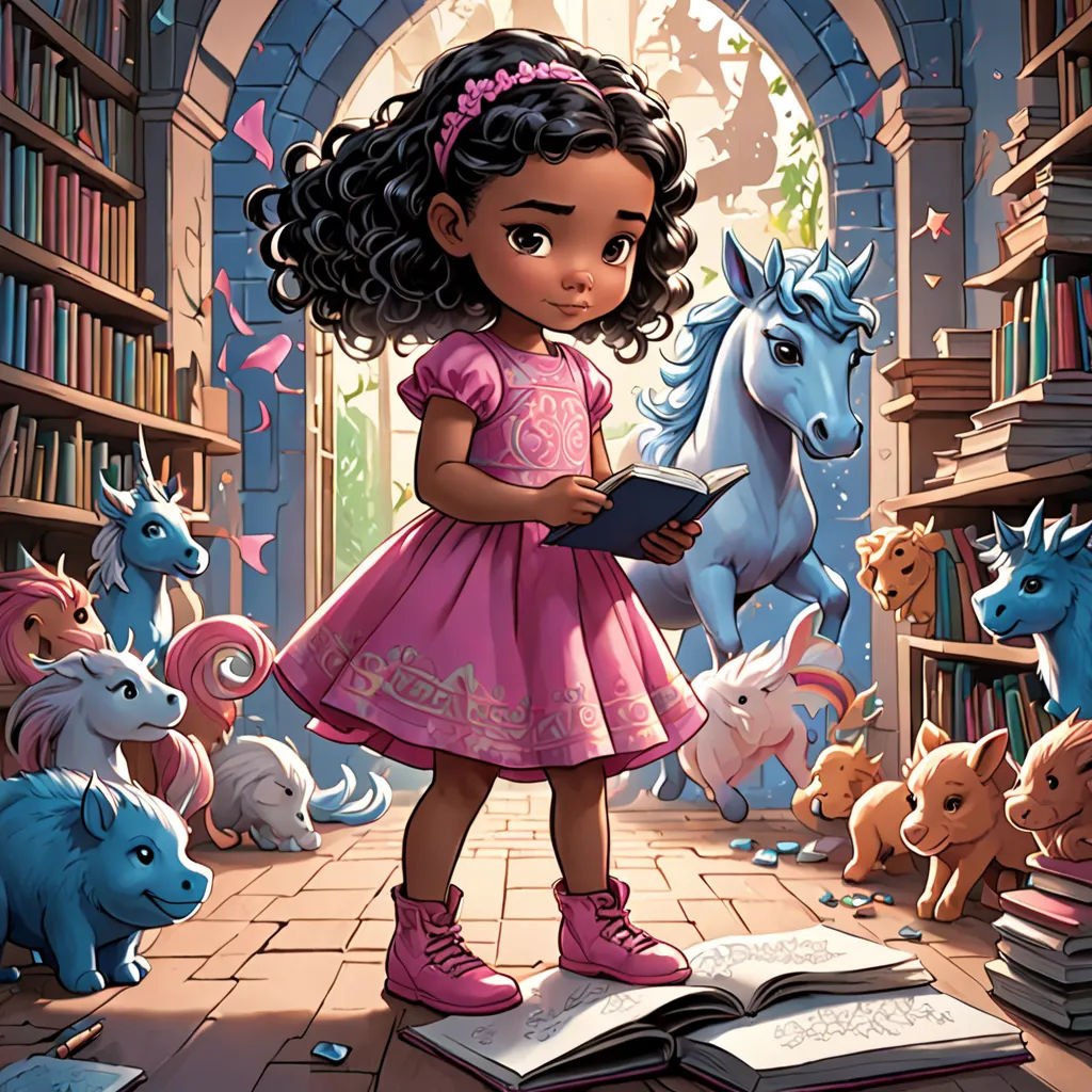 a little girl standing in a library with a book in her hand and a bunch of stuffed animals around her, fantasy art, a storybook illustration, Chris LaBrooy, official art