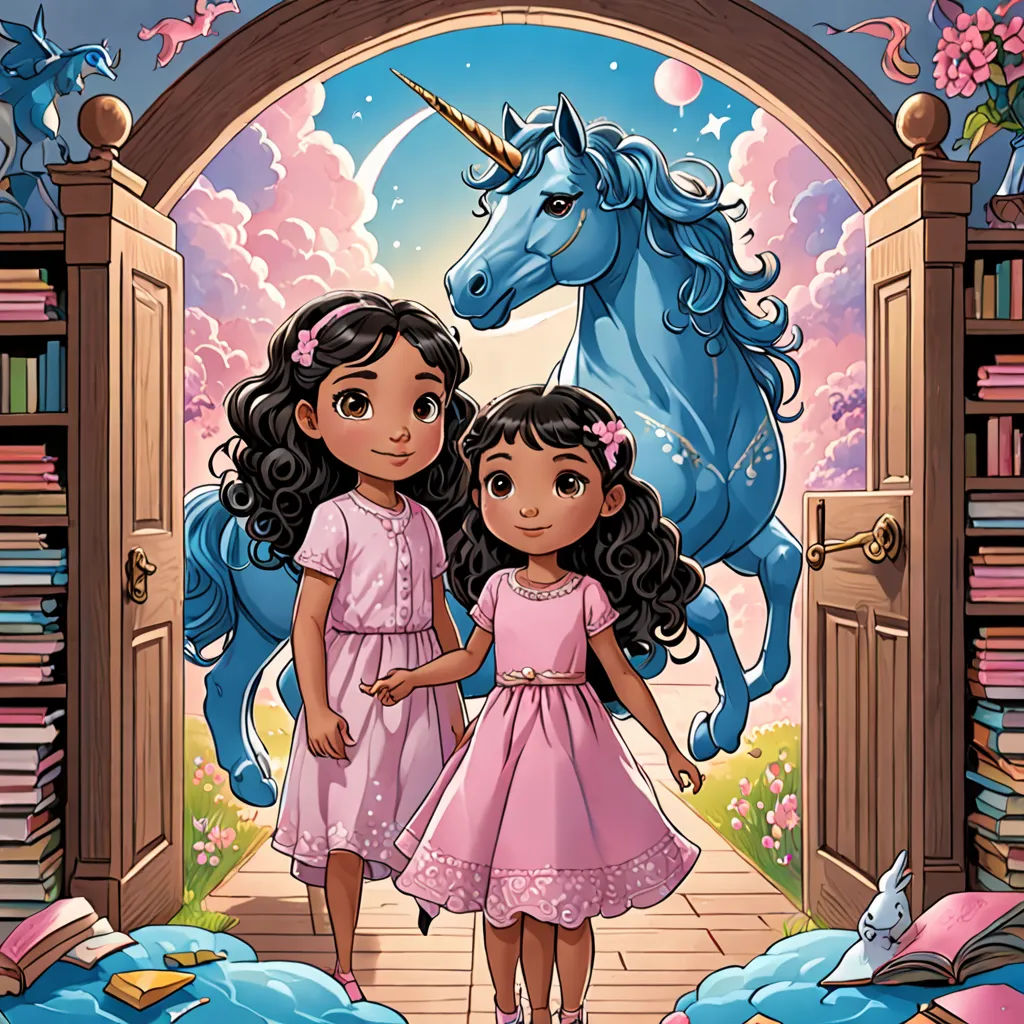 a couple of girls standing next to each other in front of a unicorn door with a unicorn on it, pop surrealism, a storybook illustration, Chris LaBrooy, storybook illustration