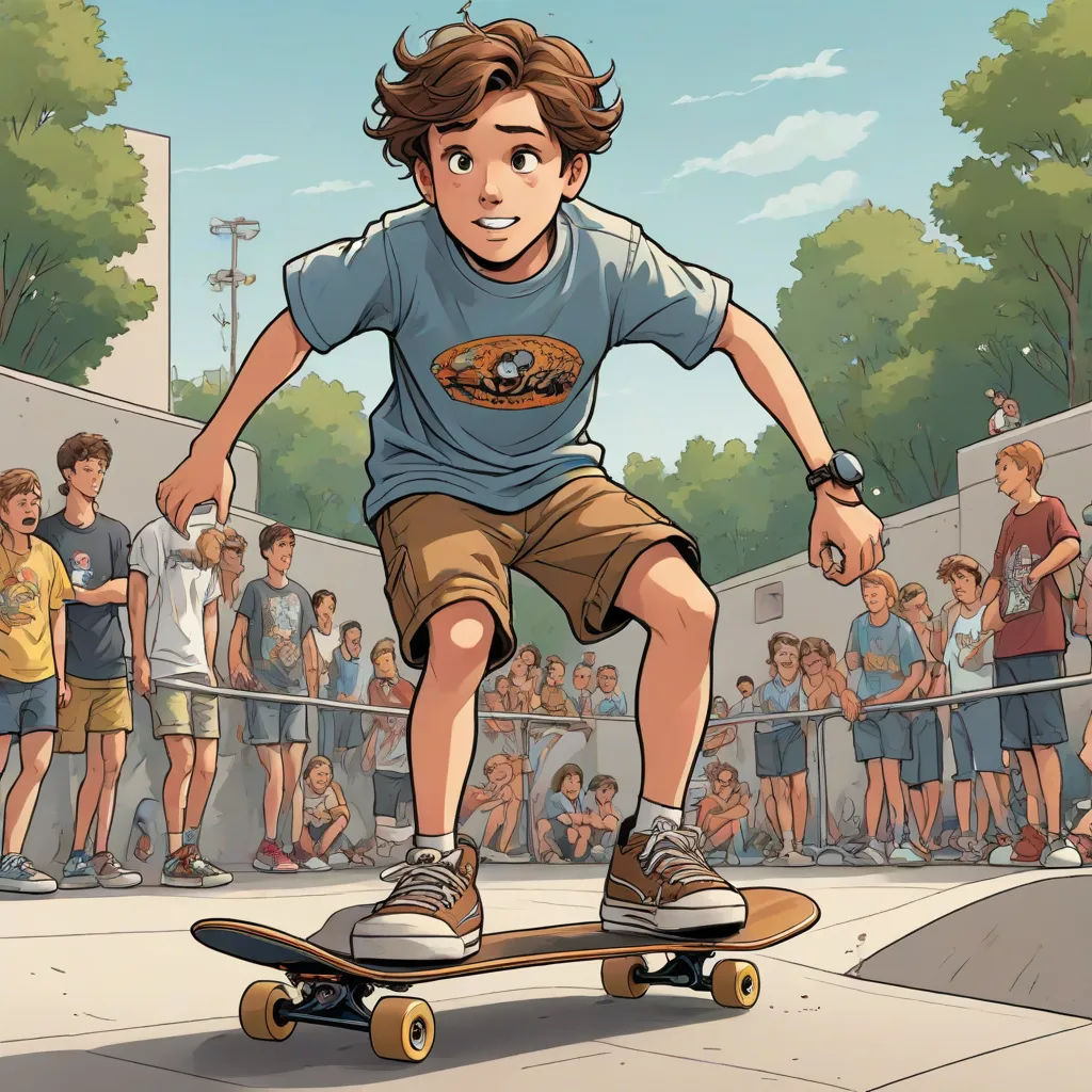 a boy riding a skateboard in front of a crowd of people on a street with a fence and a fence, photorealism, a comic book panel, Cliff Childs, graphic novel