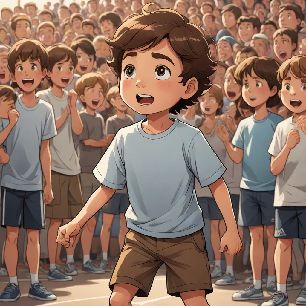 a boy is standing in front of a crowd of children in a cartoon style, with his mouth open, paris school, a storybook illustration, Diego Gisbert Llorens, official art